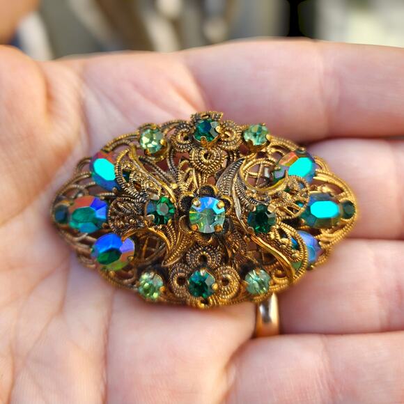 Vtg Made Germany Brooch Green Glass AB Rhinestone Gold Tone Filigree Pre 1949 - Picture 1 of 12